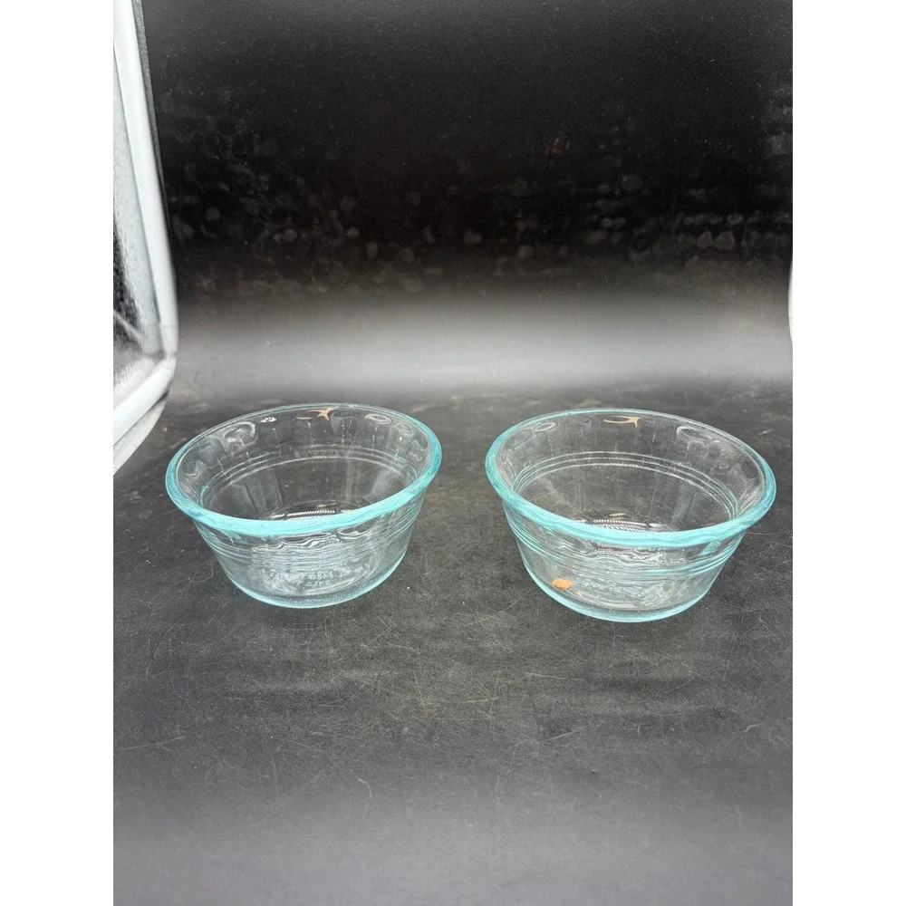 Pyrex 463 Light Blue Glass Custard Cups 6oz Ramekins Set of 2 Ribbed Made in USA